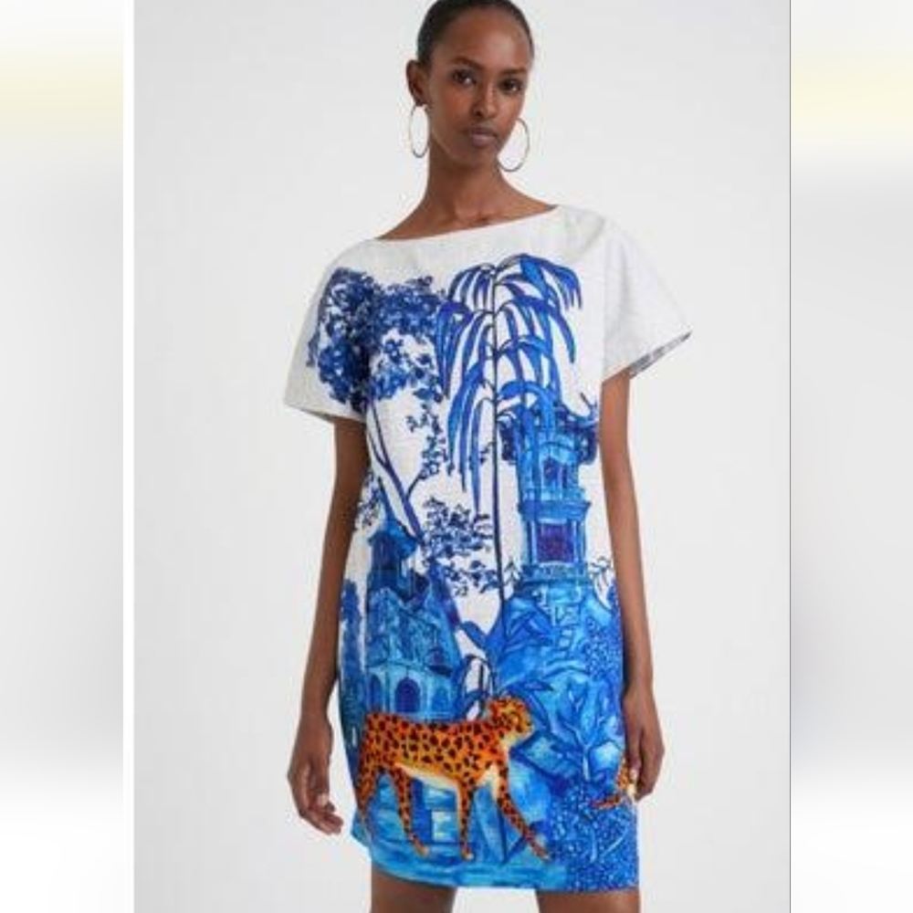Desigual X Stella Jean Blue and White Dress with Leopards/artisanal Design. Sz L